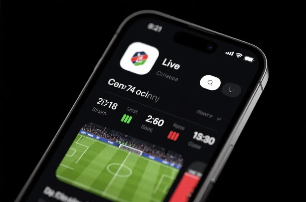 A modern mobile application interface showing live sports statistics and high-definition video streaming